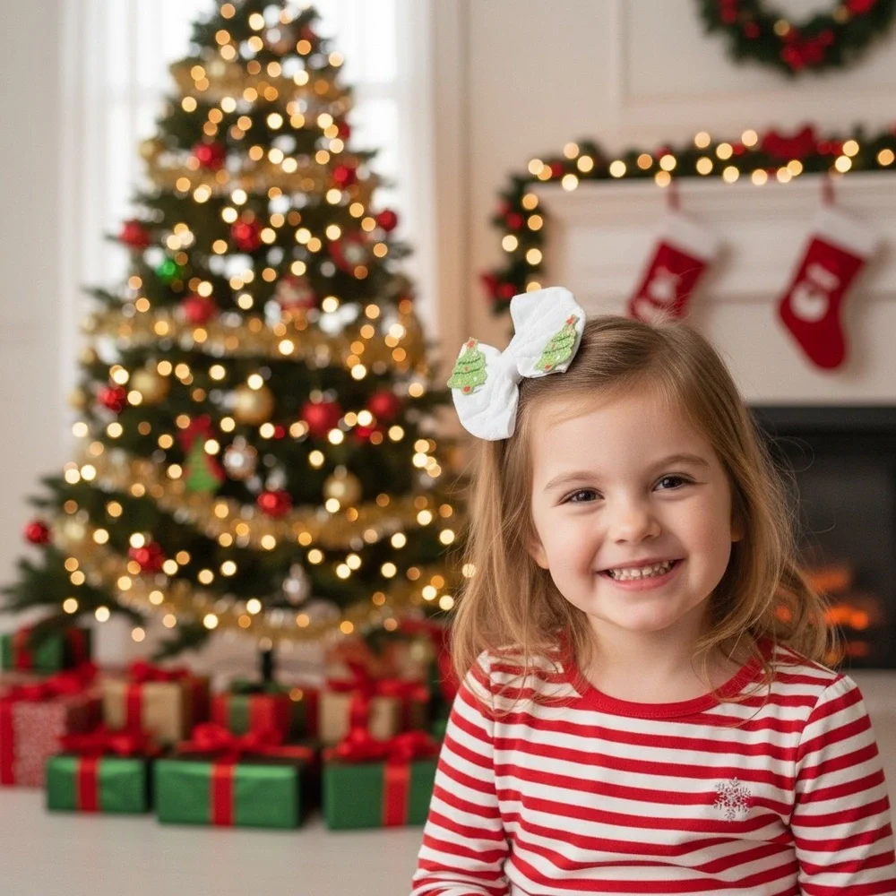 Charming White Eyelet Hair Bow with Christmas Tree Design